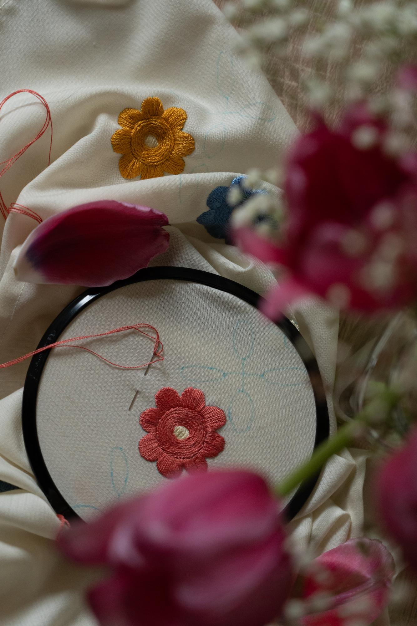 Woman embroidering a floral detail